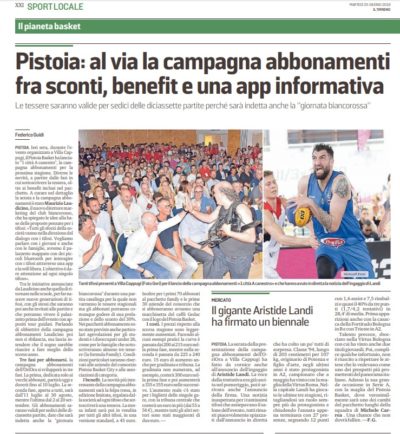 Nuova campagna di abbonamenti Pistoia Basket – Il Tirreno, 25 giugno 2019